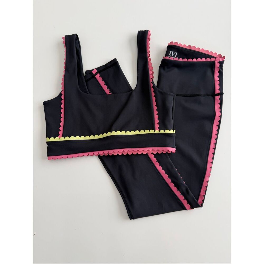 IVL Collective Black Pink Mini Scalloped Sports Bra Leggings Set Workout 6 8